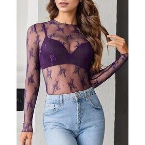 1I1399 P Lace Mesh Sheer Top Purple Various Sizes